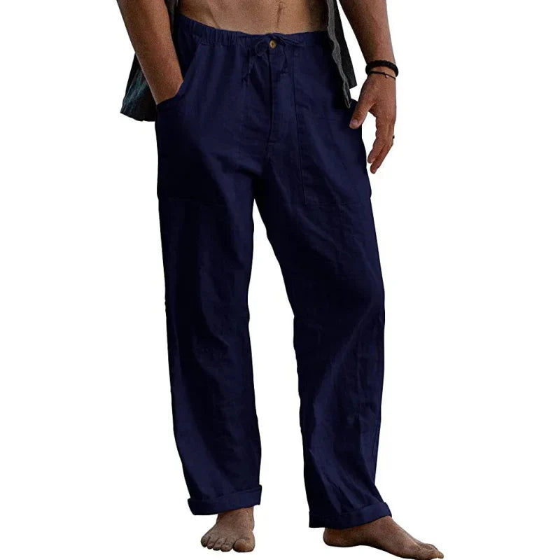 maoxiangshop New Men's Cotton Linen Pants Summer Solid Color Breathable Linen Trousers Summer elastic waist drawstring loose pants