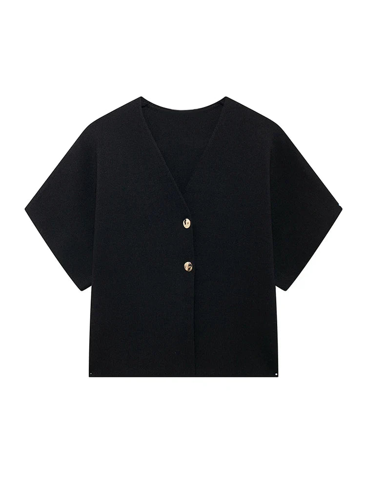 maoxiangshop - Elegant White Knit Cardigan Top Women Short Sleeve V-neck Buttons Vest Waistcoat 2024 Summer Autumn Fashion All-match Knitwear