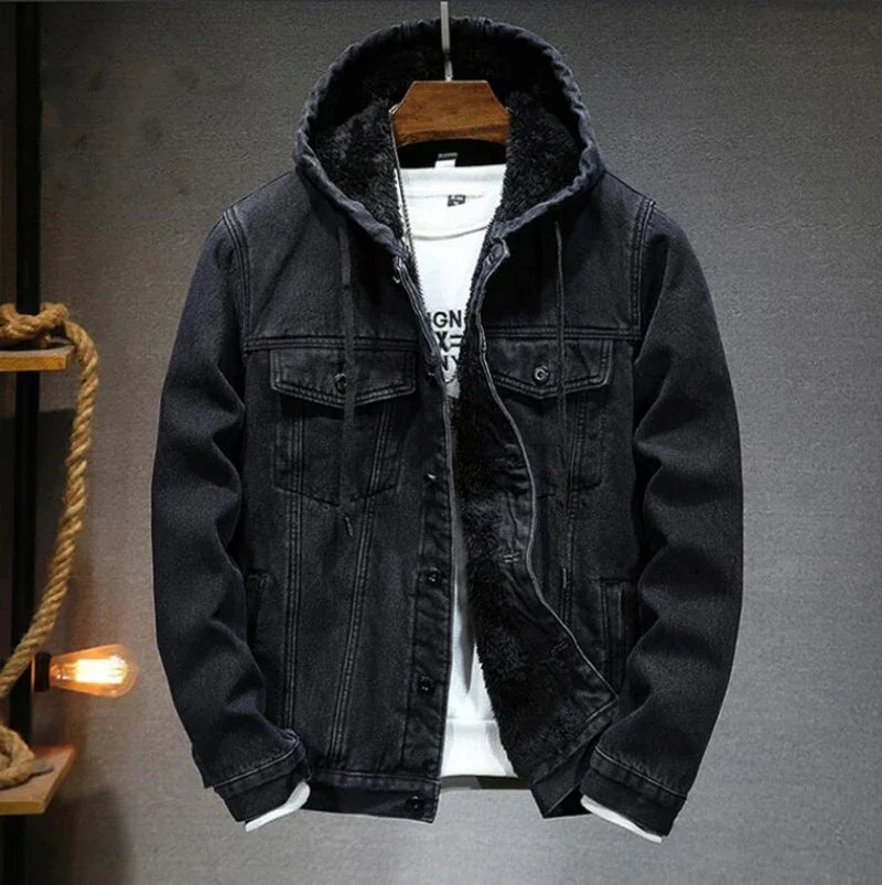 maoxiangshop New Thicker And Warmer Men's Hooded Denim Jacket Winter Lambswool Hooded And Padded Denim Jacket Size