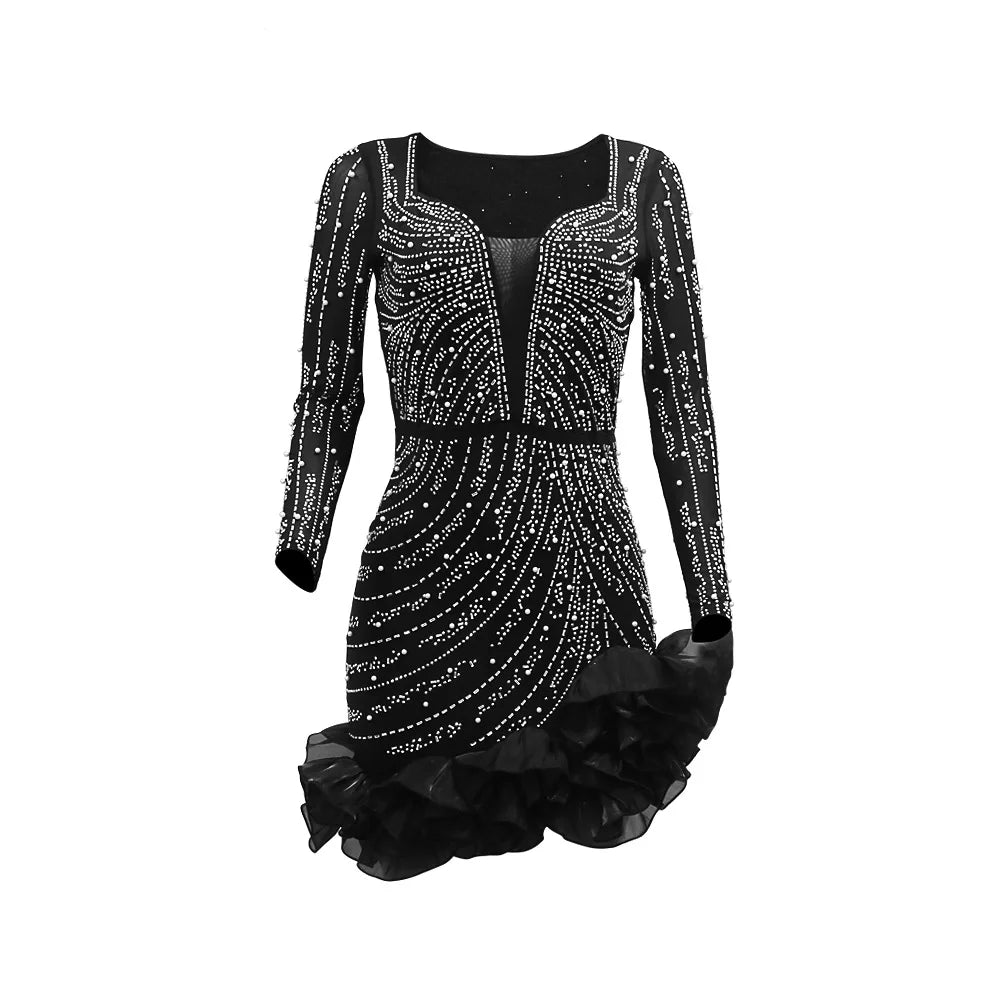 maoxiangshop Long Sleeve V Neck Transparent Club Dress Sexy Glittering Diamonds Dress Women Party Birthday Bodycon Mini Dresses Vestidos