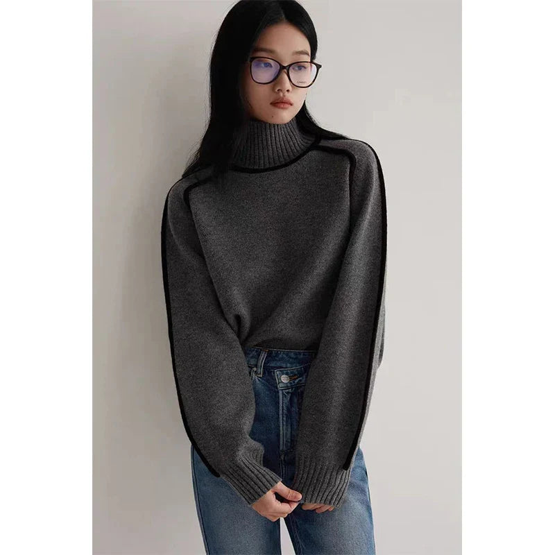 Vintage Striped Sweater Women Patchwork Knitted Pullovers Korean Half High Neck Knitwear Winter Long Sleeve Loose Jumpers