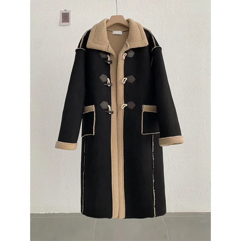 maoxiangshop - Korean Winter Fashion Suede Lamb Wool Splice Coat Fashion American Retro Coat High-End Long Single-Breasted Thicken Warm Coat