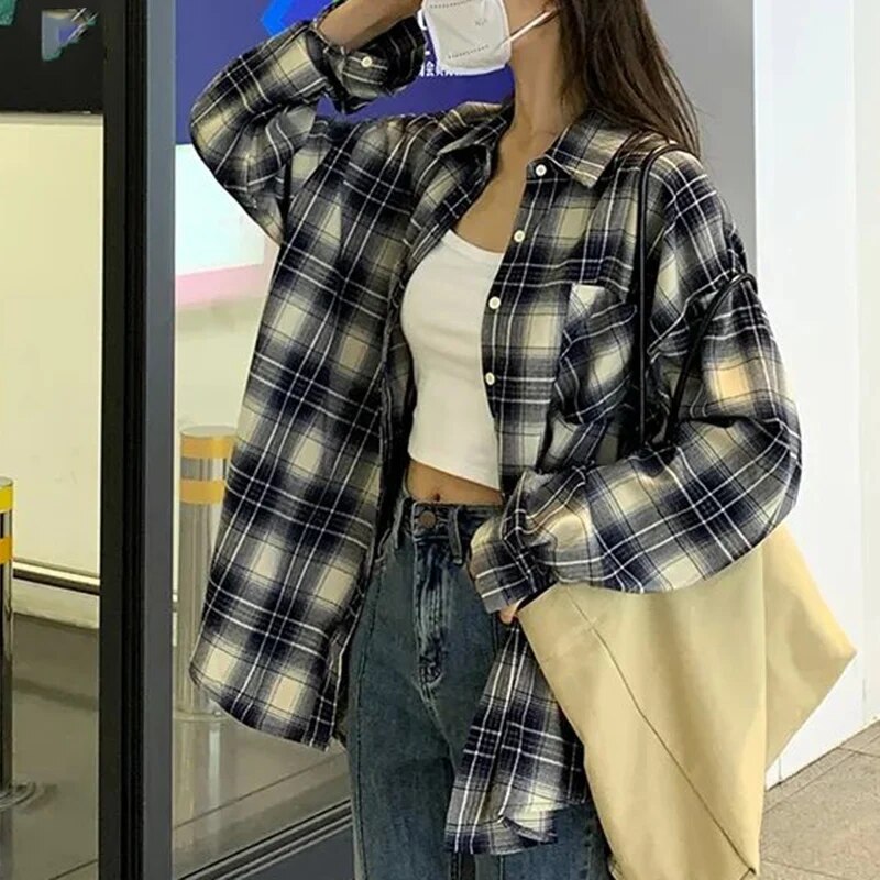 maoxiangshop Autumn All Match Plaid Shirts for Women Korean Fashion Button Up Oversized Shirt Woman Aesthetic Loose Blouse Female