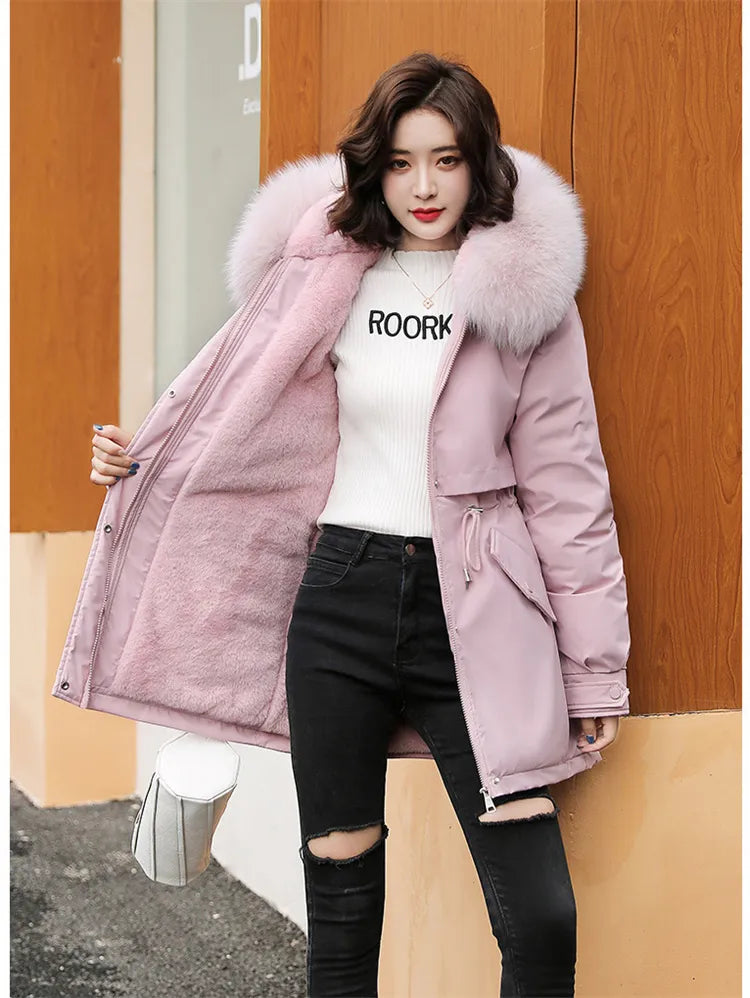 maoxiangshop Winter Coat Low Price On Sale Women Beige Add Wool Thick Warmth Fur Hooded Parkas Jacket New Fashion Belt Slim Cotton Coat
