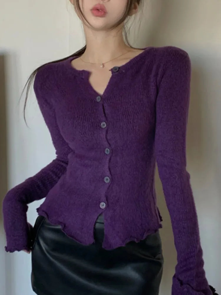 maoxiangshop Tight Button Cardigan Purple Knitted Sweater Women Winter New In Elegant Coat 2000s Clothes