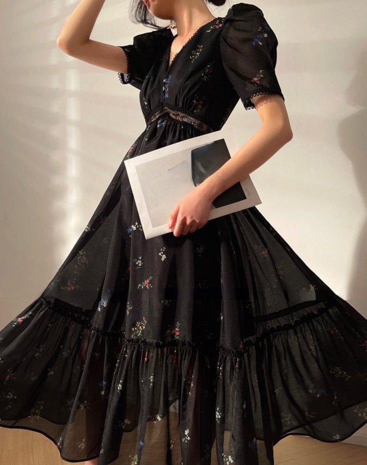 maoxiangshop Floral Dress for Women Fashion Vintage Short Sleeves V Neck Summer Dress French Style Folds Pullover Maxi Dress