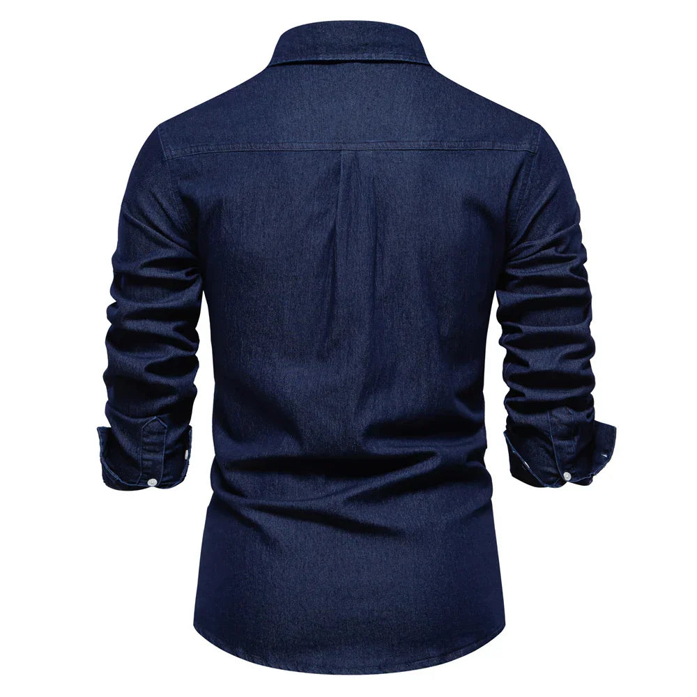 maoxiangshop New Autumn Men's Denim Shirt Cotton Elastic Casual Social Design Double Pockets Slim Jeans Shirts for Men