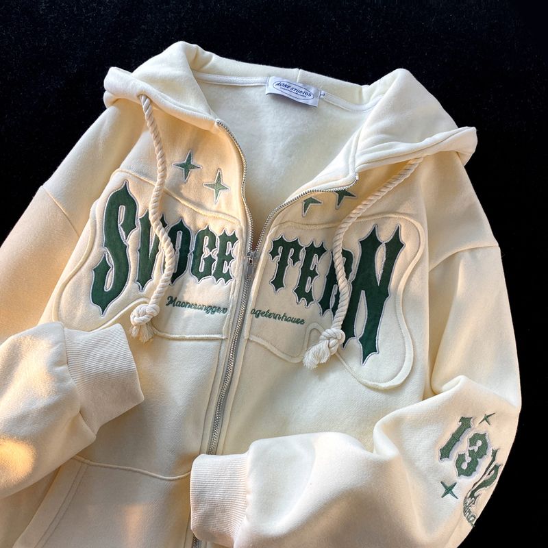 Oversized Hoodie Embroidery Loose Casual Winter hoodie Women's Autumn and Winter Fleece Warm Zipper Hooded Cardigan Top Coat