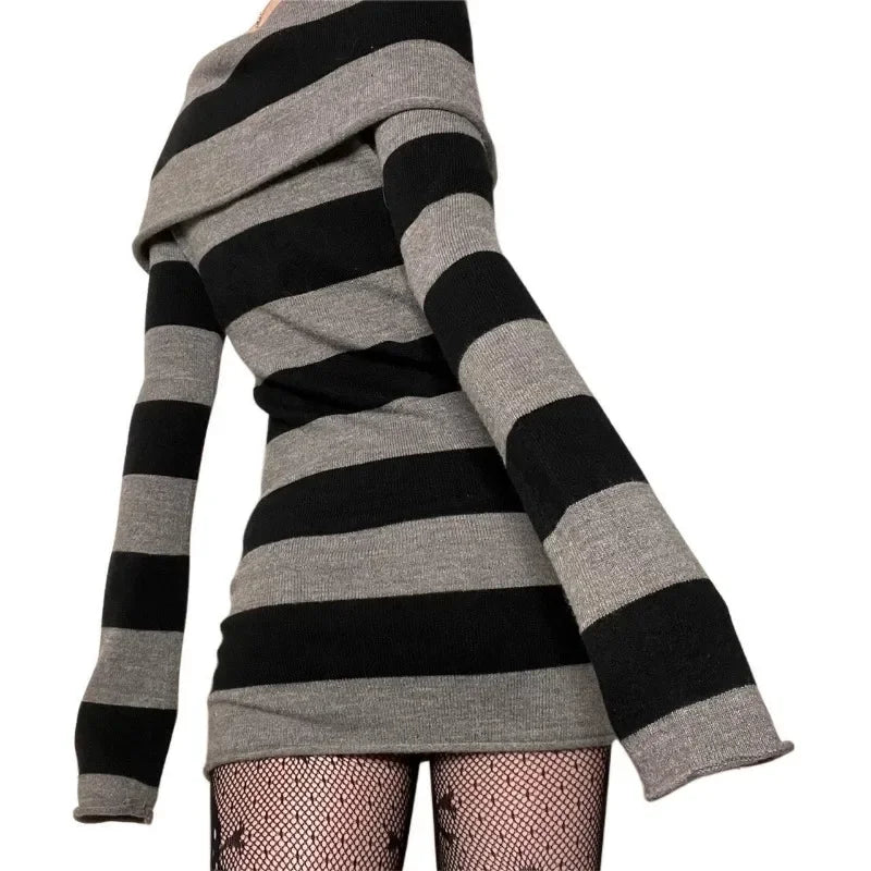 maoxiangshop - Striped Knitted Sweater Mini Dress 2024 Fall Winter Women Boat-neck Off Shoulder Long Sleeve Bodycon Casual Dresses Party Outfit