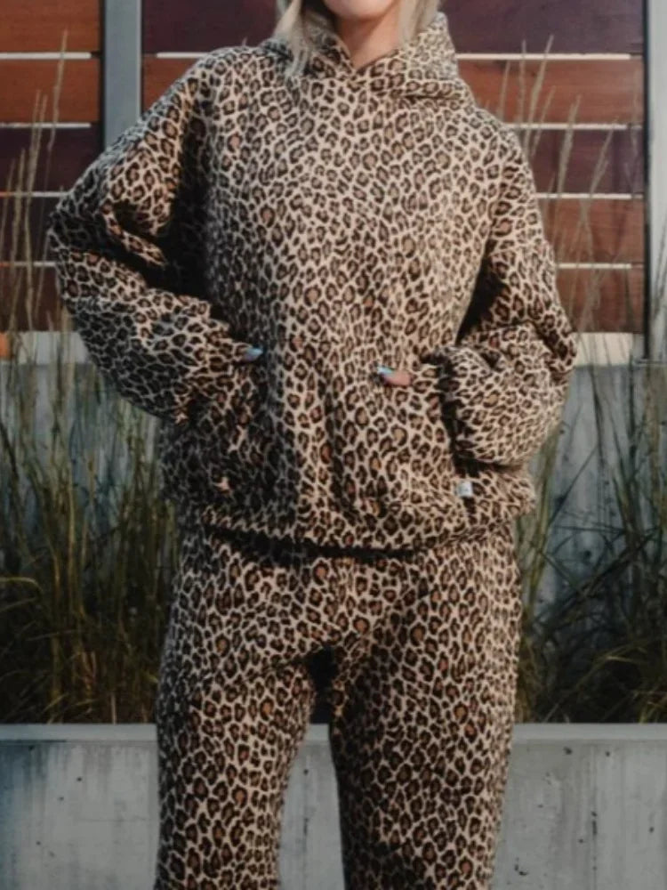 maoxiangshop Y2k Leopard Print Vintage Hoodies Women American Retro Fashion Streetwear Hiphop Oversized Hooded Sweatshirt Autumn