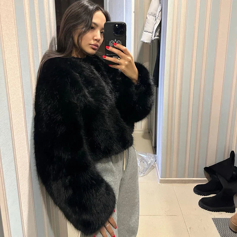 maoxiangshop - Brand Fashion 2024 Winter Sweet Pink Cropped Faux Fur Coat Women Streetwear Ins Chic Girls Fluffy Fox Fur Jacket Female