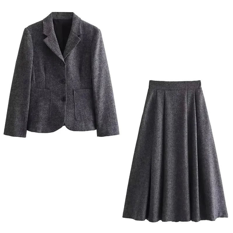 maoxiangshop HH TRAF Women Autumn Wool Blend Blazer Pleated Skirt Set Casual Lapel Sleeves Slim Jacket Women's Versatile High Waist Skirts