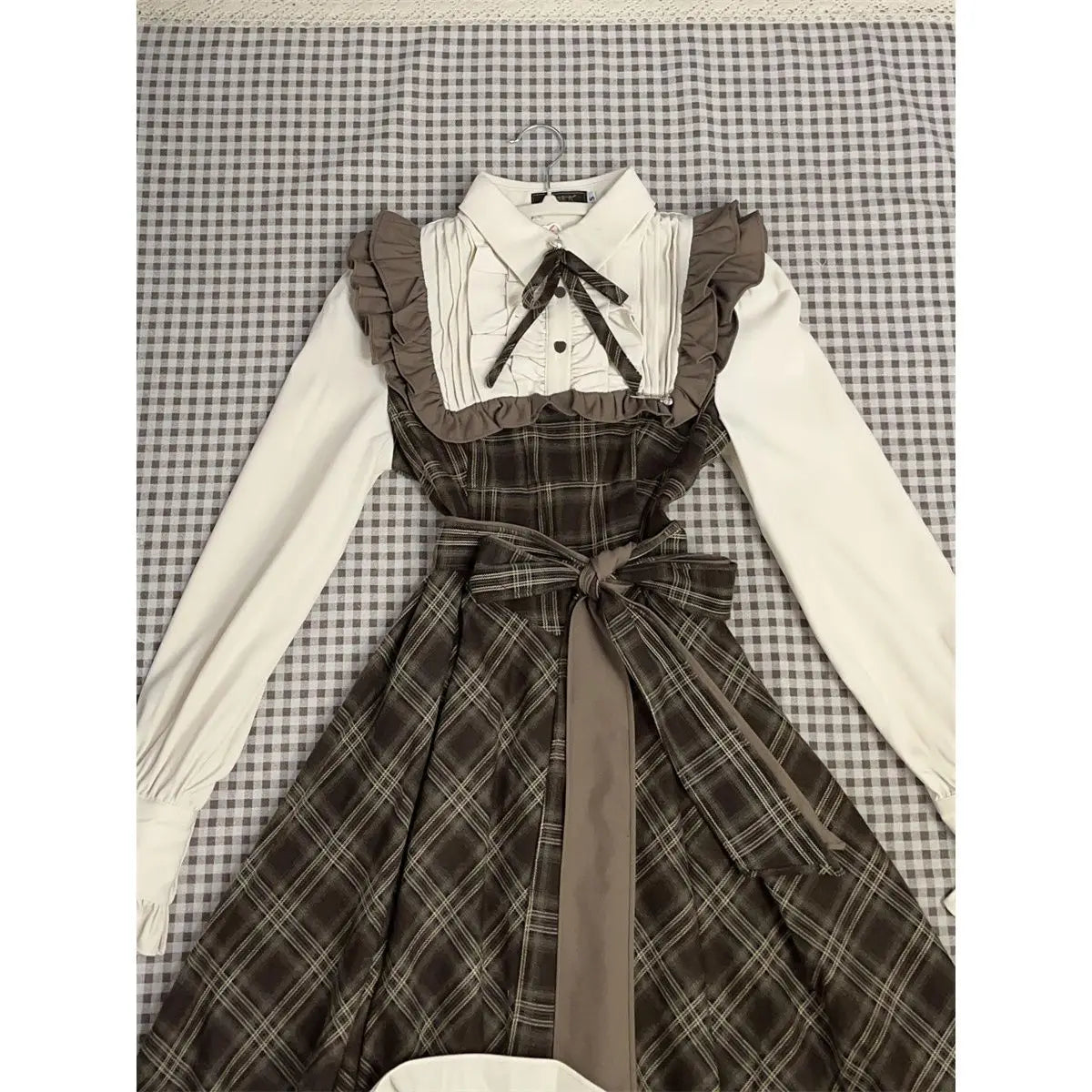 maoxiangshop - Autumn Fake Two Piece Spliced Long Sleeve Plaid Dress for Women Waist Slimming Sweet Girl College Style A-line Long Dresses