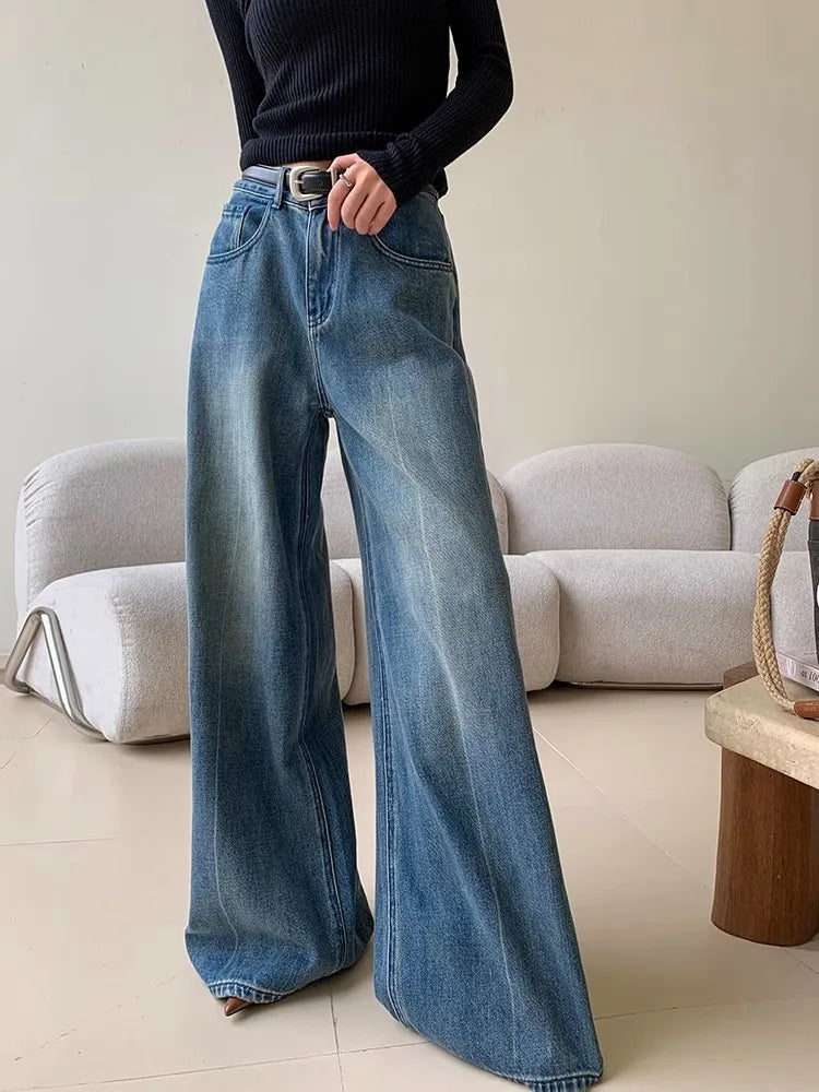maoxiangshop - Blue Washed Casual Jeans Women'S Autumn And Winter New Straight Leg Loose Wide Leg Pants Long Pants