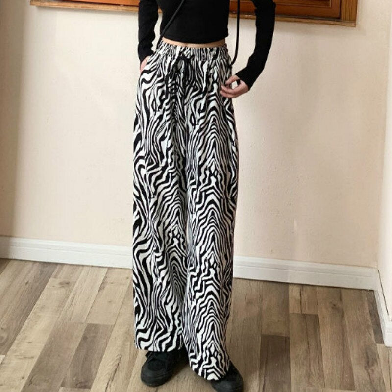 maoxiangshop Pants Women Lace-up Adjustable Zebra Pattern Striped Fashionable Loose Leisure Stylish Straight Trousers Womens Comfortable Chic