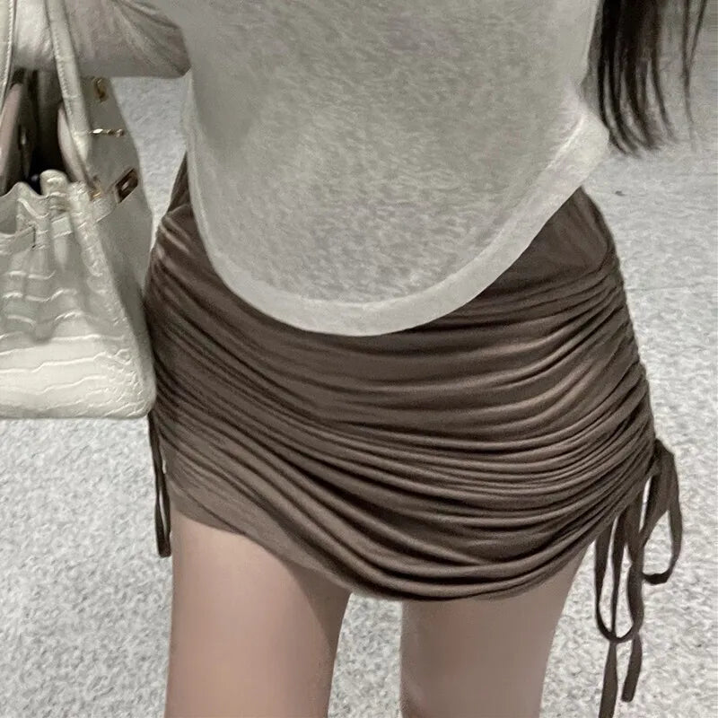 maoxiangshop - Autumn/winter Korean Version New High Waisted Solid Slim Short Skirt Women Pleated Lace Up Casual Wrap Hip Skirt