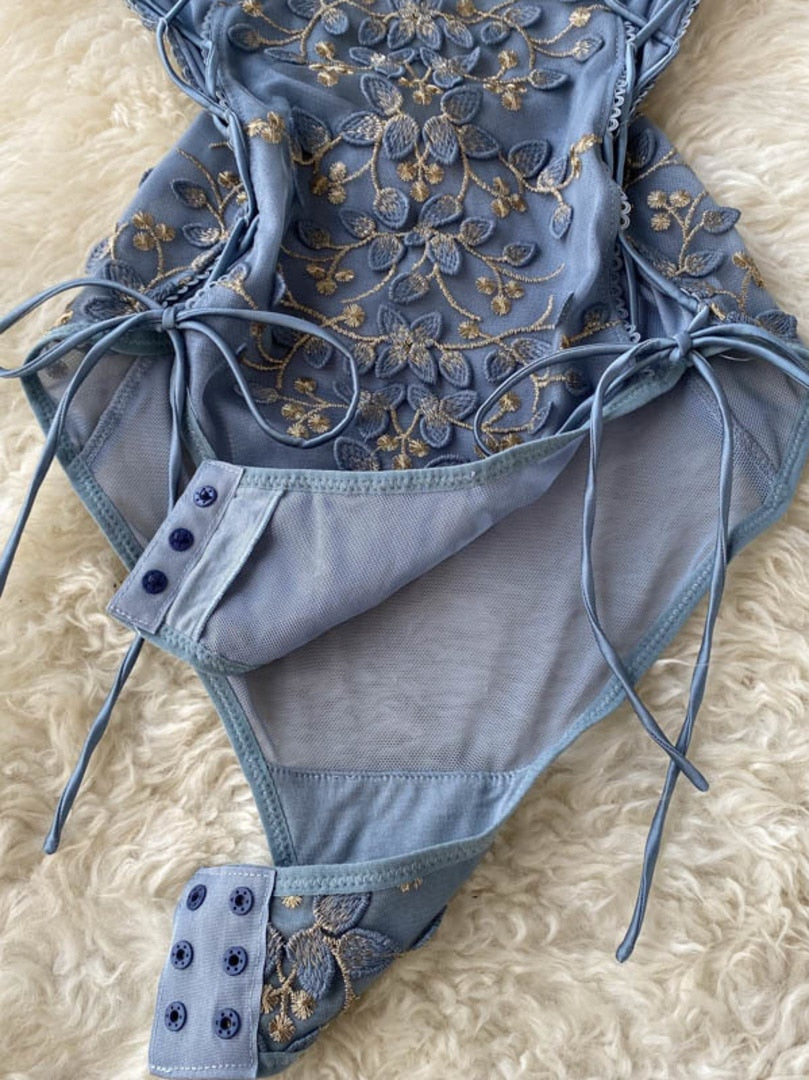 maoxiangshop Sexy See Through Mesh Patchwork Flowers Embroidery Bodysuit Women Adjustable Spaghetti Strap Padded Lace Up Bandage Body Suits