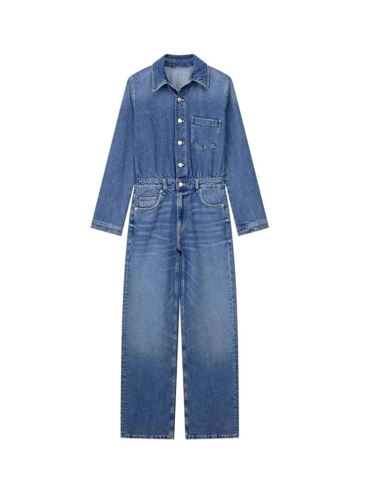 maoxiangshop - European And American Style Blue Denim High Waisted Jumpsuit Women'S Spring And Autumn Collar Casual Fashion Pants Straight Leg