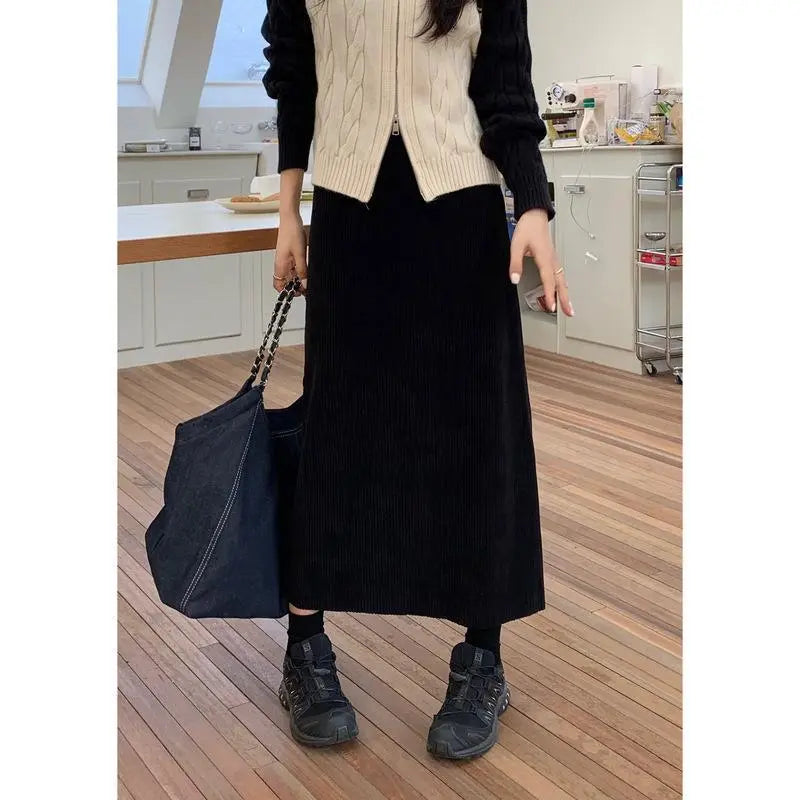 maoxiangshop Corduroy Midi Skirts Women Casual Solid Elegant Harajuku Lovely Females College Warm A-line Elastic High Waist Korean Fashion