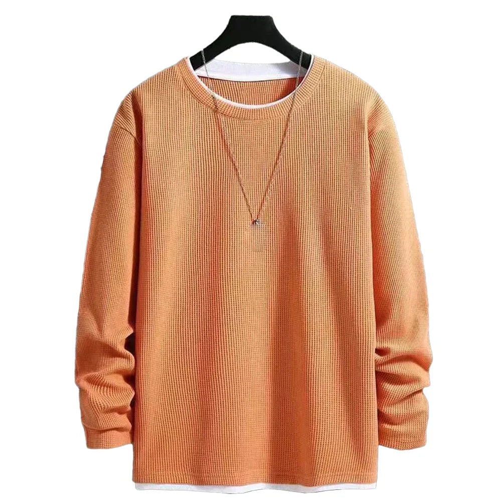 maoxiangshop Autumn Men's Round Neck T-Shirts Fashion Fake-two Pieces Street Long Sleeve T-shirt Sports Athletic Pullover Blouse Tops For Man