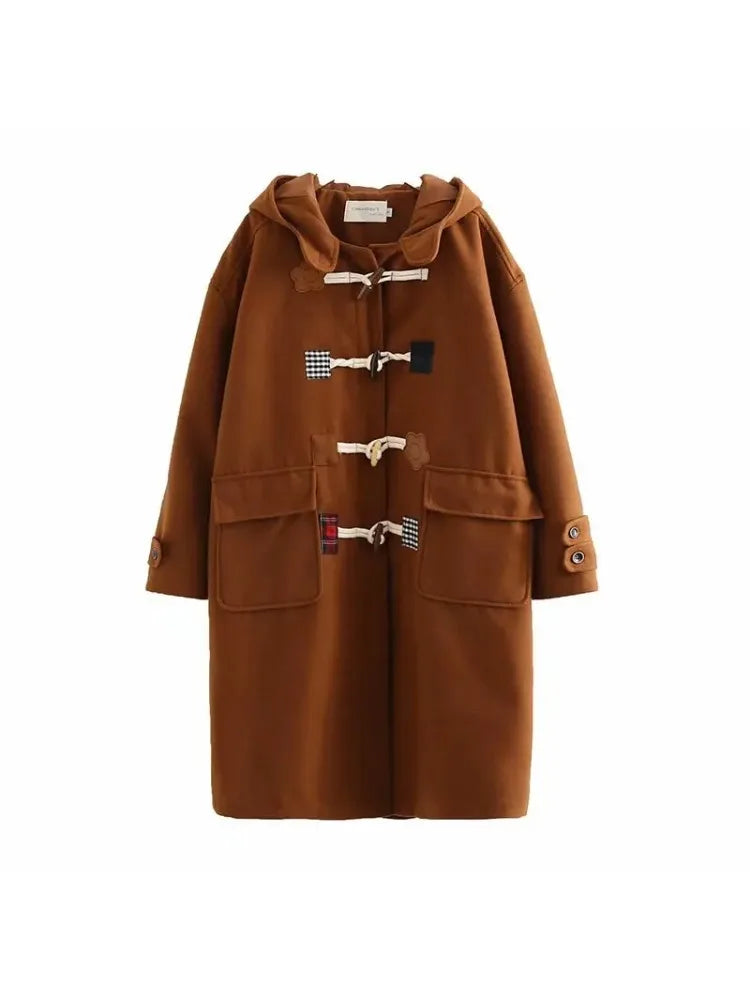 Solid Horn Button Long Straight Hooded Wool Coats Women Winter Sleeve Korean Casual Ladies Warmness Vintage Outwear