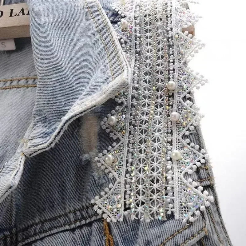 maoxiangshop Fashion Lace Beaded Denim Vest Women Cardigan 2024 New Spring Sleeveless Jacket Fashion Loose Vintage Jeans Waistcoat Tide