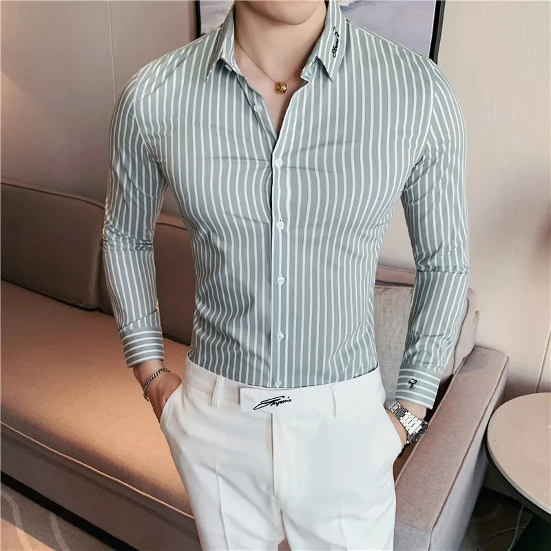 maoxiangshop British Style Men Long Sleeved Shirt Autumn Anti-wrinkle Soft Solid Casual Elastic Slim Fit Camisas Y Blusas Men Clothing