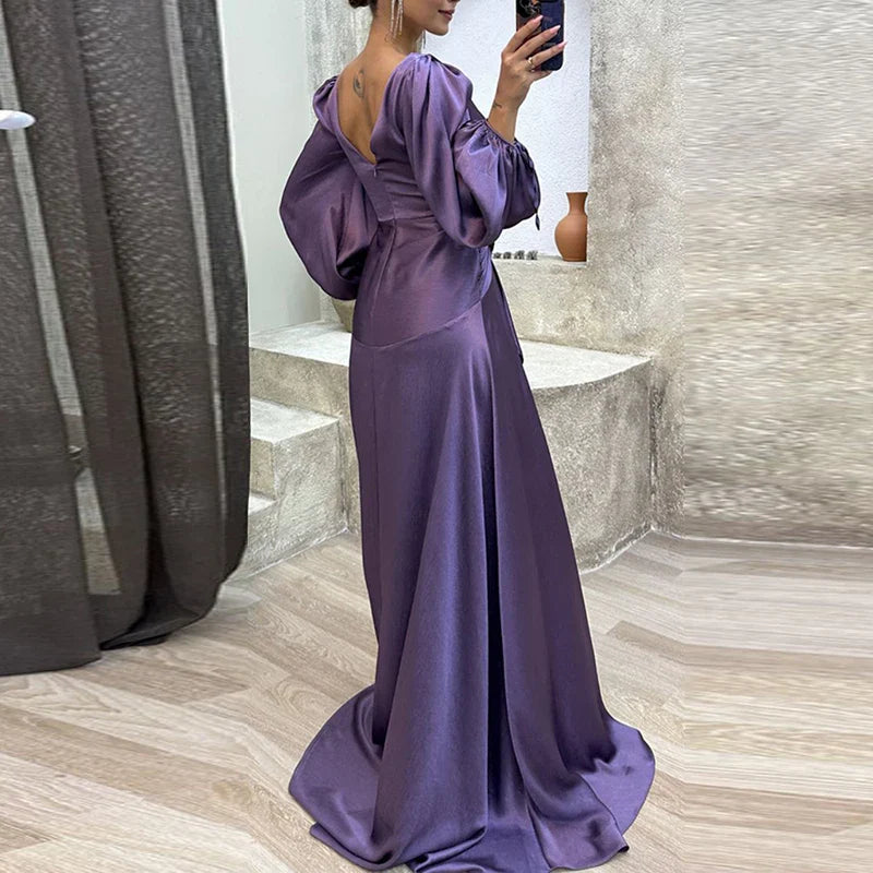 maoxiangshop Cocktail Full Length Women Hem Maxi Dress Luxury Female V-neck Waist Party Dress Elegant Lantern Sleeve Ruffle Satin Dresses