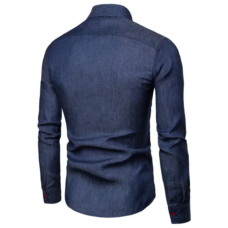 maoxiangshop Autumn Men's Pocket Panel Leather Long Sleeve Shirt Anti Denim Versatile Slim Fit Shirt