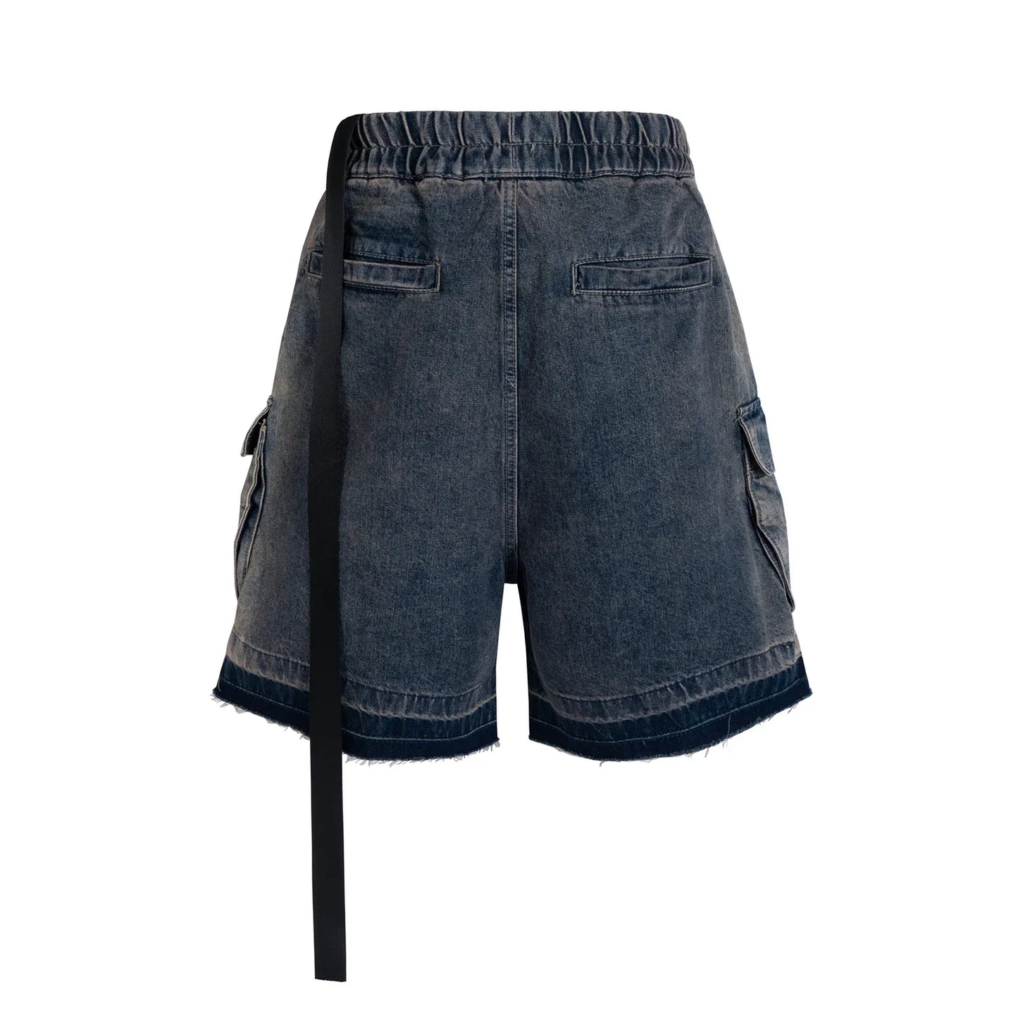 maoxiangshop Style Ribbons Streetwear Multi-pockets Cargo Short for Men Elastic Waist Wide Leg Baggy Jeans Knee Length Pants Loose Overall