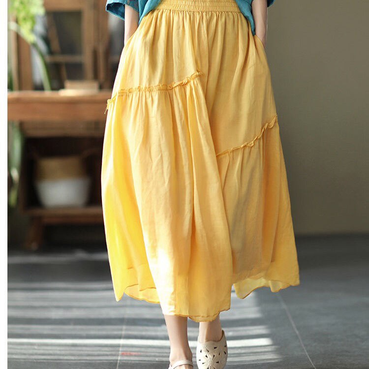 maoxiangshop Double Layer Cotton Linen Skirt Spring Womens Fashion Women Korean Clothing Elegant Long Skirts Summer Woman Harajuku Y2k