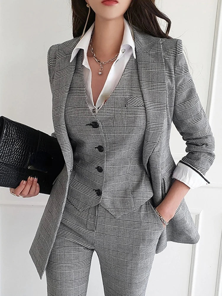 maoxiangshop Women Elegant Formal Business Blazer 3 Pieces Suit Office Work Plaid Jacket Vest Pantsuit Korean Fashion Female Vintage Outfits