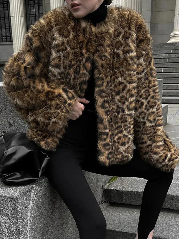 maoxiangshop - Elegant Faux Fur Women Coat Thicken Full Sleeve O Neck Lady Short Jacket 2024 Autumn Winter Warm Highstreet Female Outwear