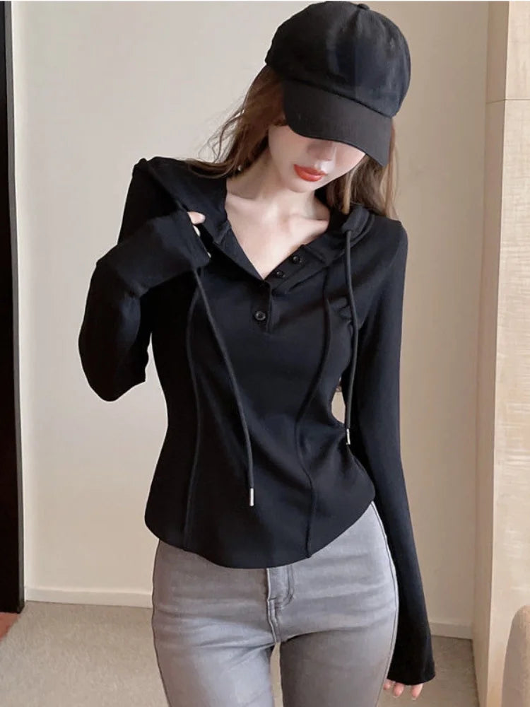 maoxiangshop Korean Style Slim Crop Hoodies Women Pullovers Kpop Solid Hooded Sweatshirt White Long Sleeve Tops Autumn Fashion