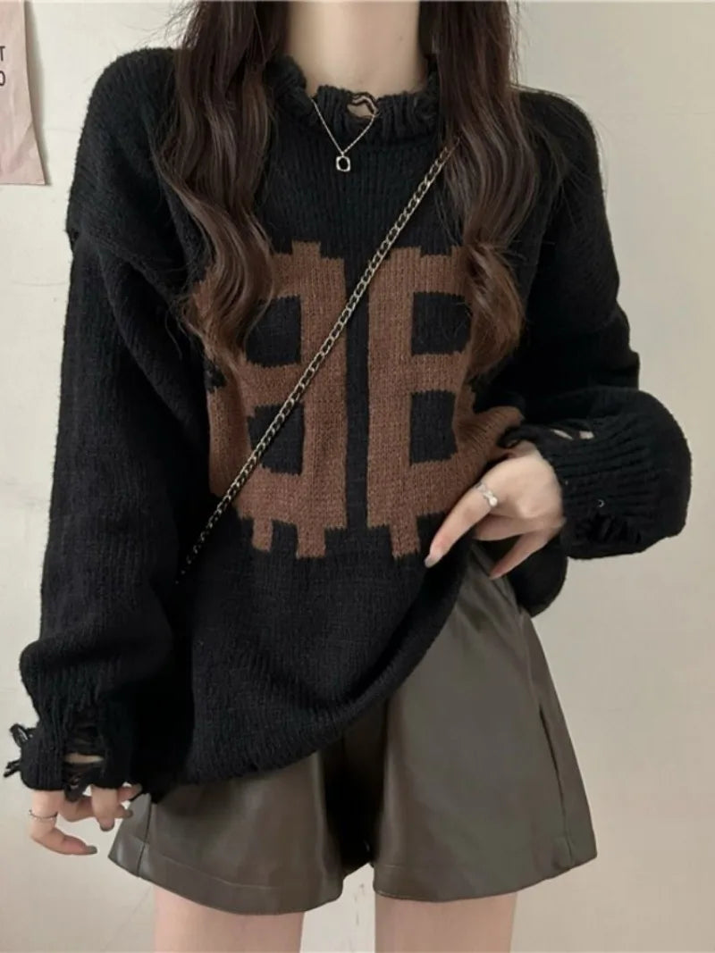 French New Lazy Wind Letter Printed Sweater Women Autumn And Winter Street Fashion Retro Loose Casual Pullover Sweater Tops