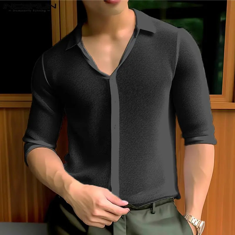 maoxiangshop 2024 Men's Shirt Lapel Half Sleeve Button Solid Color Summer Casual Men Clothing Transparent Streetwear Fashion Shirts
