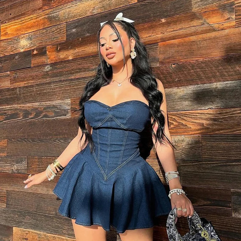 maoxiangshop - Sexy Denim Pleat Dress Y2K Streetwear Elegant Luxury Mini Dress 2024 Women Summer Fashion Clothes Cute Jean Cargo Tie Dye Dress