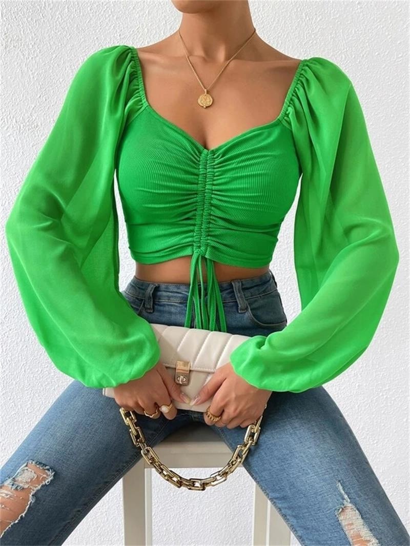 maoxiangshop Fashion Sexy Low-cut Long Sleeve Crop Tops Women Summer Autumn Slim Solid Top Femme And Blouses Chiffon Shirt