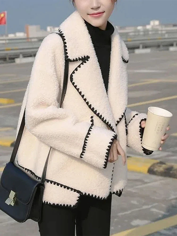 maoxiangshop - Lapel Loose Jackets Women 2024 Autumn Winter Street Long Sleeve Faux Lambswool Jacket Fashion Elegant Casual Coats Femme