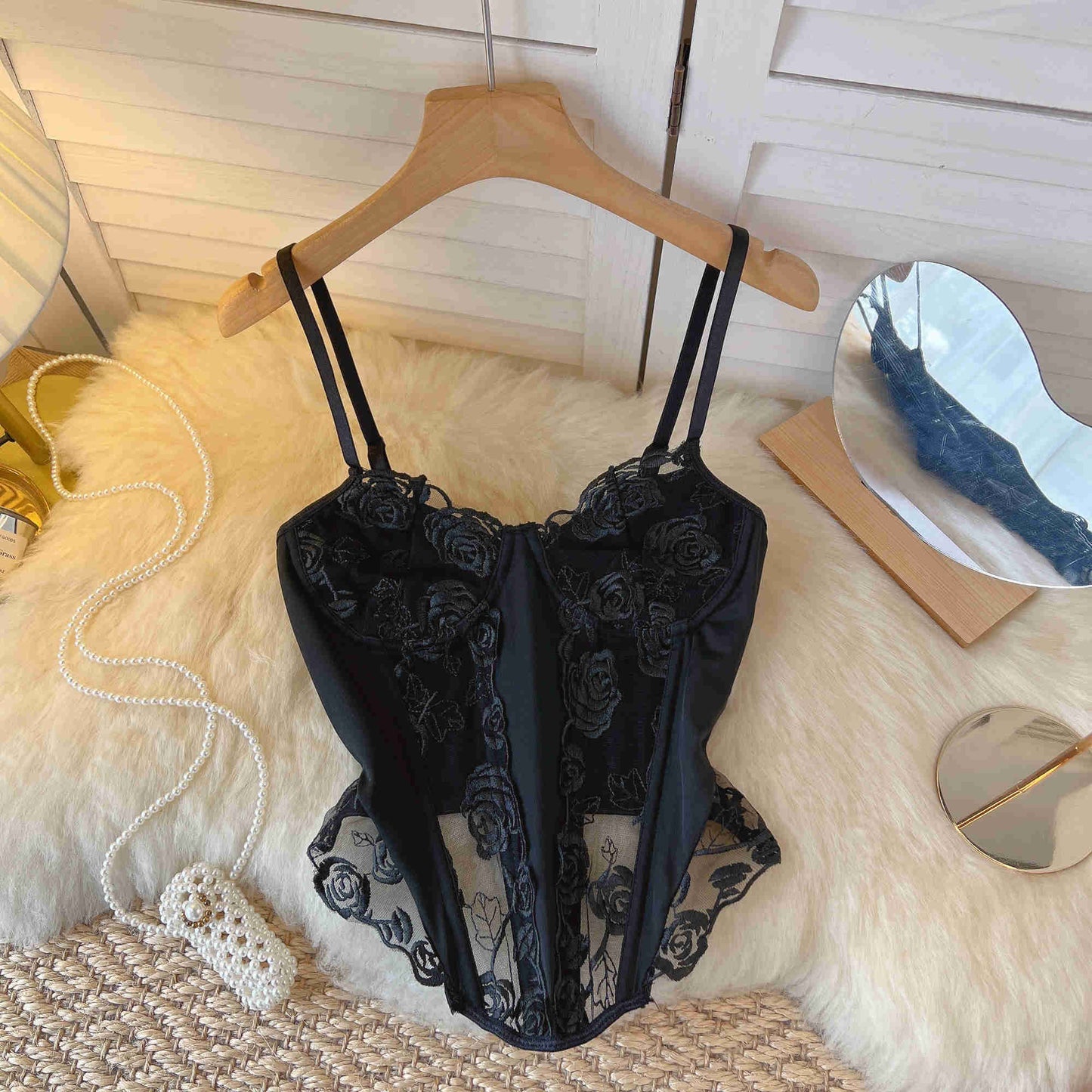 maoxiangshop Sexy See Through Mesh Bustier Top Women Fashion Summer Black Camis Floral Embroidery Fishbone Skinny Club Party Crop Tops