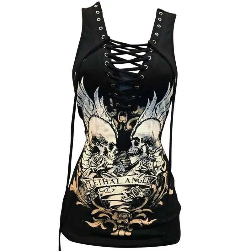 maoxiangshop - Dark Gothic Skull Print Tie Up Y2K Spicy Girl Slip Dress Summer New Fashion Slimming Tie Up Mid length Tank Top Women Clothing