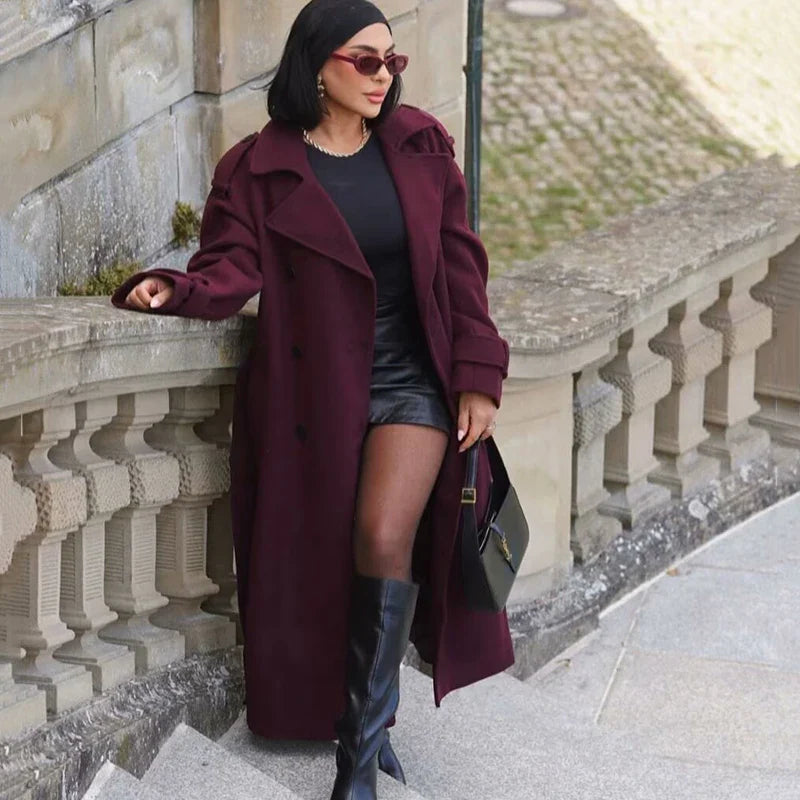 maoxiangshop - Women Solid Woolen Long Coat With Belt Fashion Double Breasted Lapel Oversize Jacket Autumn Female High Street Outerwear
