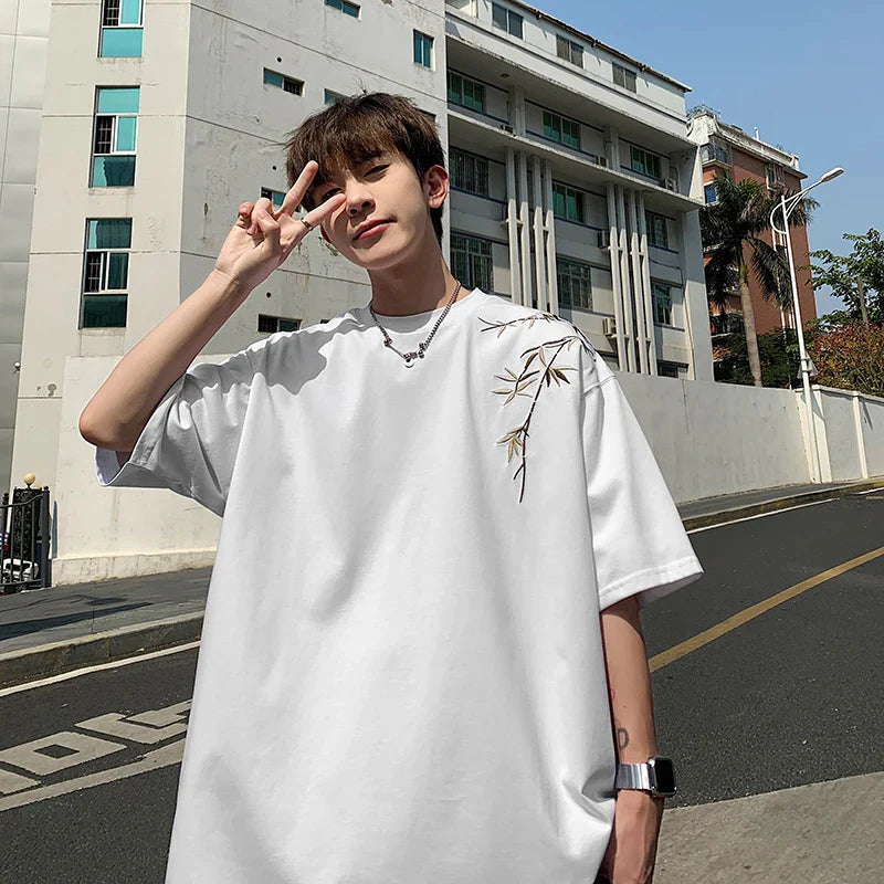 maoxiangshop Bamboo Embroidered T Shirt Men Harajuku Streetwear T-Shirts Summer Short Sleeve Black White Loose Casual Tshirt Tees Top