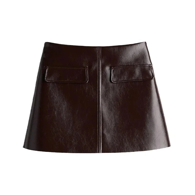 maoxiangshop - Fashion PU Leather Coat Skirt Sets Women 2024 Autumn Winter O-neck Long Sleeve Single Breasted Jackets Top Mini Skirt Ladies Set