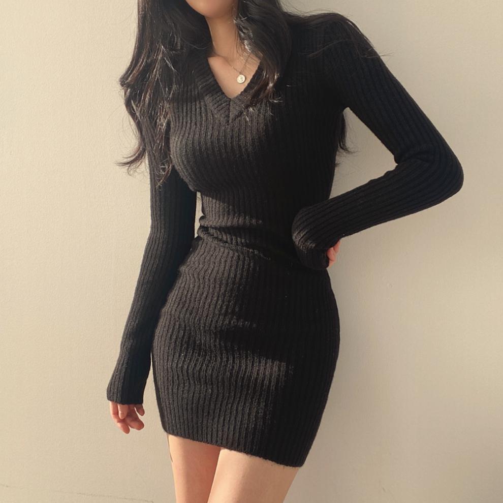 maoxiangshop Combhasaki Women Retro Knitted Mini Bodycon Solid Color V-Neck Long Sleeve Wrapped Hip Dress Autumn Winter Slim Sweater Vestido