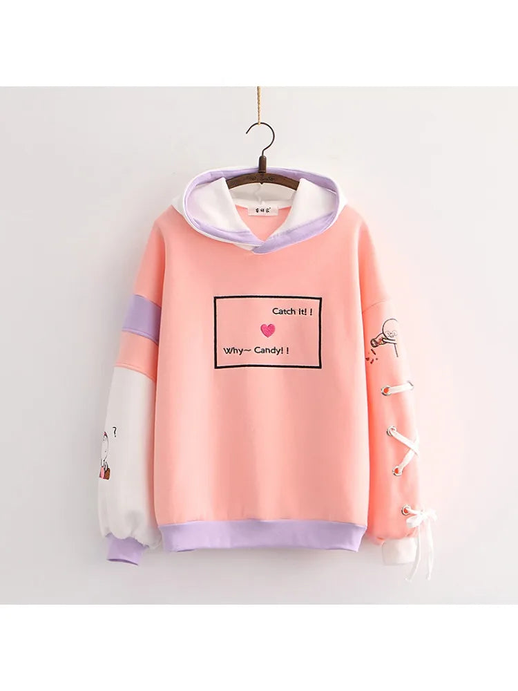 Women Hoodies And Sweatshirts Cartoon Tetter Embroidery Long Sleeve Hooded Pullover Tracksuits Sweet Style Female Tops