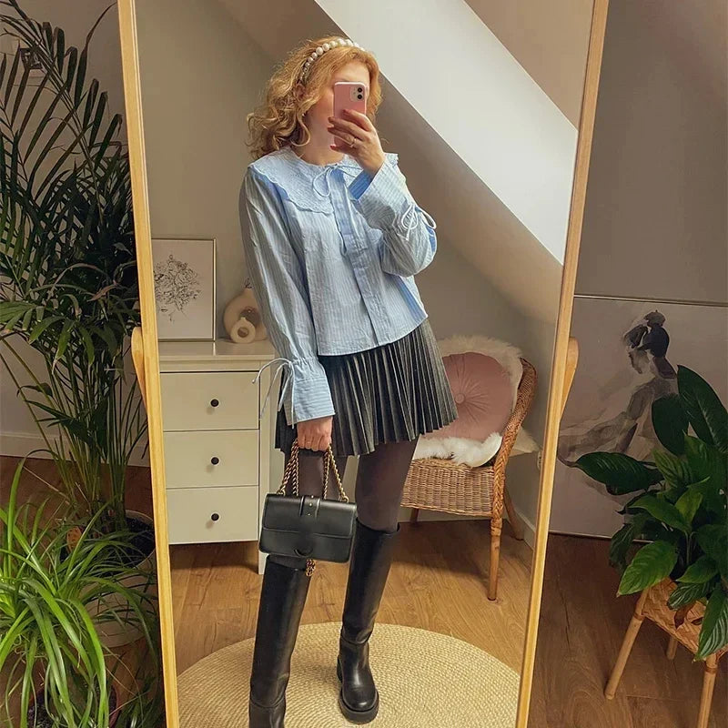 maoxiangshop - Sweet Striped Lace Up Women Shirts Cute Flare Sleeve Embroidery Lapel Female Blouses 2024 Spring Summer Casual Tops Streetwear