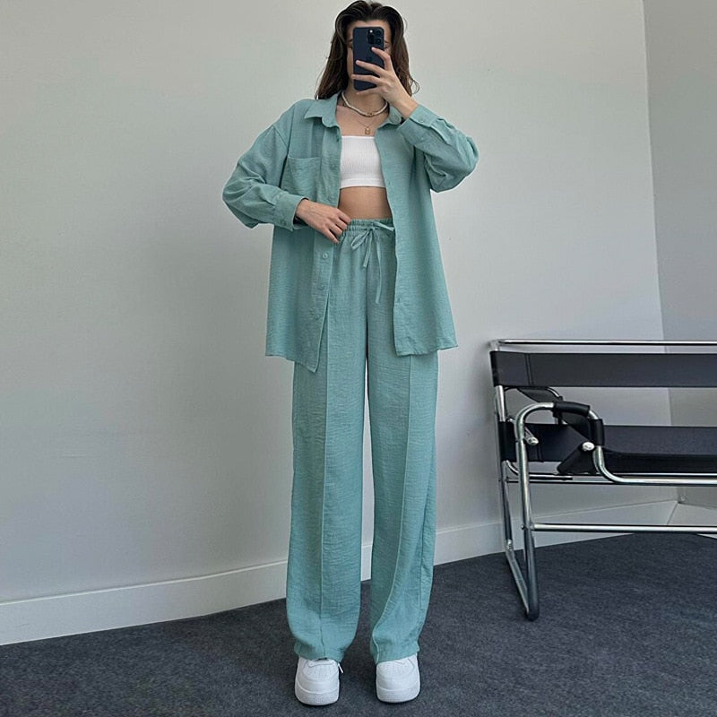 maoxiangshop New Womans Suit Autumn Sleepwear Two-piece Women's Homewear Long Sleeve Cropped Button Shirt + Wide Leg Pants Suit Ladies