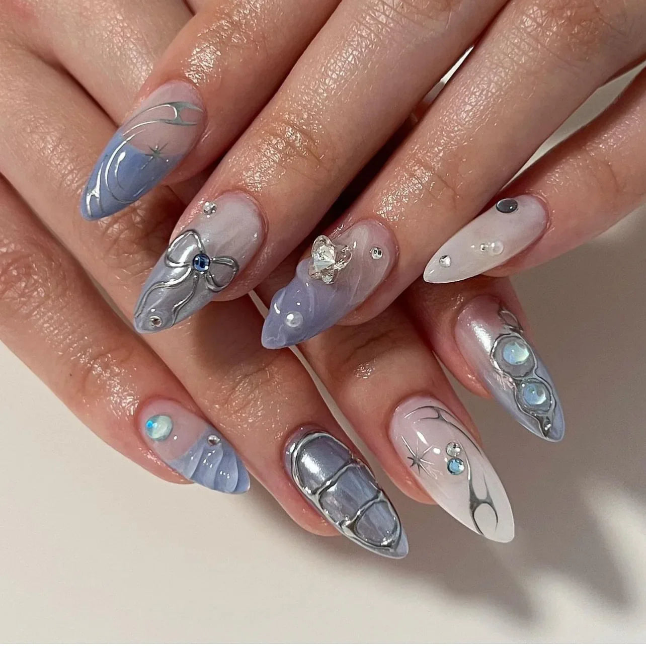 maoxiangshop 24Pcs False Nails With Glue Almond Pink Butterfly Design Detachable Rhinestones Acrylic Fake Nails long stiletto Press On Nails