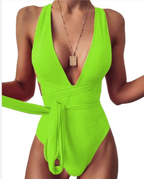 maoxiangshop Fashion Sexy Plunging Swimsuit One Piece Swimwear Women Summer Backless Bathing Suit Women Belted Swimming Suit for Women Bakini